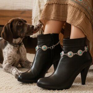 NEW Women Silver Metal Chain Boot Bracelets Shoe Turquoise Blue Flower Charm SET